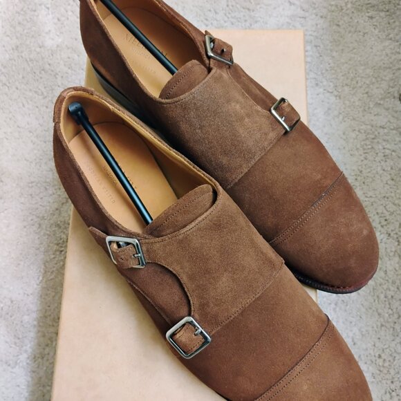 Meermin Men's Brown Rapello Suede Double Monk Strap Shoes Size 8.5 - Picture 2 of 10